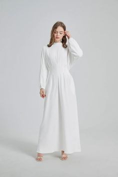 Aurelia Maxi Dress - White Elegant Plain A-line Maxi Dress, Elegant Daywear Maxi Dress With Smocked Back, Elegant Maxi Dress With Smocked Back For Daywear, Modest White Maxi Dress For Beach, Elegant A-line Plain Maxi Dress, White Tie Back Maxi Dress For Daywear, White Long Sleeve Dress With Tie Back, Elegant Plain Dress For Daywear, Elegant Solid Maxi Dress With Smocked Back