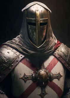 a knight in armor with a cross on his chest and helmet, standing against a dark background