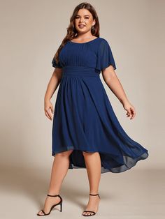 Plus Size Pleated Round Neckline A-Line Midi Chiffon Wedding Guest Dress #color_Navy Blue Pleated Chiffon Dress For Wedding, Pleated Chiffon Bridesmaid Dress, Elegant Dresses Classy Wedding, Chiffon Dress With Sleeves, Infinity Gown, Midi Wedding Guest Dress, Asymetrical Dress, Wedding Photobooth, Plus Size Elegant Dresses