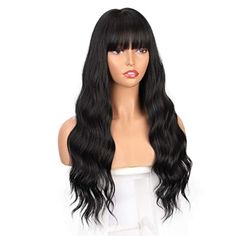 Questions? Leave A Comment Below! Black Wig With Bangs, Bangs Wavy, Bangs Wavy Hair, Hair Wigs For Women, Black Wig, Wig With Bangs, Wigs For Women, Wigs With Bangs, Long Black