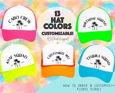 HOW TO ORDER 1. Select number of hats.  2. Put colors you want on hats in the personalization section PROOFS STRICT POLICY- sorry no proofs, the order will look like the main first photo. SHIPPING INFORMATION: NEW SHIPPING OPTION!: Select PRIORITY EXPRESS SHIPPING to upgrade your shipping to 1-2 day shipping (1 day shipping to most locations- ships from zip code 33301. To check your shipping time for express check usps.com) Keep in mind this does not include processing time which is 1-3 business Summer Birthday Snapback Hat, Summer Snapback Hats For Birthday, White Letter Print Hat For Birthday, Fun Multicolor Birthday Hats, White Snapback Baseball Cap For Birthday, White Snapback Hat For Birthday, Personalized White Trucker Hat For Birthday, Novelty Multicolor Birthday Hat, Fun Multicolor Customizable Hats