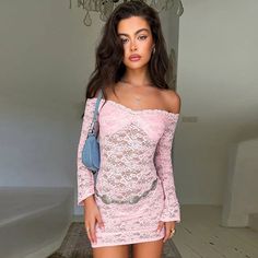 NEW STYLE Perspective Lace Sexy Party Dress Women Off Shoulder Mini 2024 Autumn Winter Dress Slim Bodycon Dresses Vestidos [update 2024 1014] Evening Mini Dresses, Pink Lace Dress, Flare Sleeve Dress, Mini Dresses For Women, Lace Mini Dress, Club Dresses, Glamorous Evening Gowns, Mini Dress Party, Pink Lace