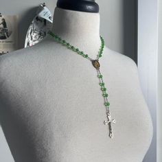 Reworked vintage cross rosary choker necklace 💚 Reworked by me! Origin from Italy. Made to be a choker length, but has adjustable chain to loosen Vintage Adjustable Cross Pendant Necklace, Adjustable Vintage Cross Pendant Necklace, Vintage Adjustable Crucifix Jewelry, Rosary Choker, Palmer Ak, Cross Rosary, Reworked Vintage, Choker Necklaces, Rosary