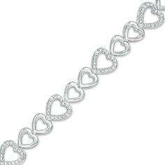 Wrap your wrist in sweetest style with this darling diamond heart link bracelet. Crafted in sterling silver, this alternating design features pairs of polished heart-shaped links. Adding sparkle, diamonds and beaded detailing adorn slightly larger heart-shaped outlines. Captivating with 1/15 ct. t.w. of diamonds and a bright polished shine, this 7.5-inch bracelet secures with a lobster claw clasp. Metal Chain Link, Sweet Style, Diamond Bracelets, Sparkle Diamonds, Diamond Heart, Diamond Stone, White Metal, Bracelet Designs, Infinity Bracelet