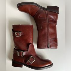 Worn Once. Excellent Condition. Leather Upper, Nylon Fit: True To Size Leather Upper; Manmade Lining/Sole Fall Leather Mid-calf Boots With Leather Footbed, Leather Mid-calf Boots With Leather Footbed For Fall, Fall Mid-calf Leather Boots With Leather Footbed, Casual Leather Mid-calf Work Boots, Calf Leather Mid-calf Boots With Round Toe, Fall Calf Leather Mid-calf Boots With Round Toe, Mid-calf Boots In Calf Leather With Round Toe, Fall Season Calf Leather Mid-calf Boots With Round Toe, Classic Leather Moto Boots Medium Width