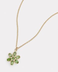 18K Yellow Floral Necklace with Green Tourmaline Ovals and Diamonds, .06 TCW   16 Inches, Pendant is 5/8 Inch Diameter Style# YNOFGTW Floral Necklace, Green Tourmaline, Yellow Floral, Tourmaline, Gold Jewelry, Diamonds, Necklaces, Pendant, Yellow