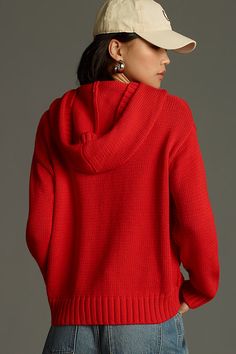 Add a touch of coziness to your close-knit circle when you wear the Michael Stars Jess Sweater Hoodie, a casual knit with ribbed detailing and a roomy front pouch pocket. | Jess Sweater Hoodie by Michael Stars in Red, Women's, Size: Medium, Cotton/Nylon at Anthropologie Cozy Hoodie Sweater With Ribbed Cuffs, Solid Color Sweater With Drawstring Hood And Cozy Fit, Cozy Fit Sweater With Drawstring Hood, Cozy Knit Hoodie With Ribbed Cuffs, Knit Sweater With Pockets, Comfy Hooded Sweater With Ribbed Cuffs, Knit Hoodie Sweater With Drawstring Hood, Hooded Knit Sweater For Loungewear, Winter Hooded Cardigan With Ribbed Cuffs