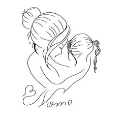 a drawing of a mother holding her child in her arms with the word mom on it