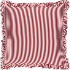 a red and white striped pillow with ruffles on the bottom, sitting in front of a white background