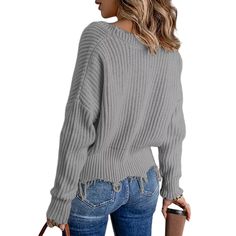 Gray V Neck Cotton Tasseled Knit Sweater Fringe V-neck Top For Fall, Long Sleeve Sweater With Frayed Hem For Fall, Fall Long Sleeve Sweater With Frayed Hem, Casual Fall Sweater With Tassels, Casual Fall Sweater With Frayed Hem, Winter Knit Sweater With Tassels, Long Sleeve Knit Sweater With Tassels, Casual Fringe Sweater For Fall, Long Sleeve Sweater With Frayed Hem For Winter