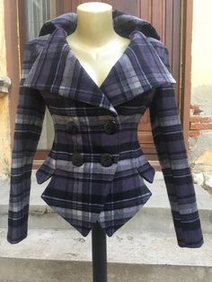 This is a very stylish and elegant wool plaid jacket . Leght  56cm - at back. made of very soft and high quality woolen fabric, fully lined. The color is deep purple  with black and grey check. SIZE CHARTSIZE S  - US  6, UK 8, EU 36bust:  bust around 34.5”/90cmWaist:  waist around 27.5”/70cmHips: hips around 34.5”/90cmSIZE M  -  US 8, UK 10, EU 38bust: bust around 37.5”/95cmWaist:  waist around 29.5”/75cmHips:  hips around 37.5”/95cmSIZE L - US 10, UK 12, EU 40bust:  bust around 39.5"/100cmWaist Womens Plaid Coat, Plaid Coat Women, Checked Blazer, Plaid Coat, Womens Blazers, Plaid Jacket, Plaid Blazer, Tailored Jacket, Wool Plaid