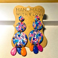 Brand New & Hand-Painted Chandelier Earrings In Pink, Blue, Silver, Teal & Orange. These Are Super Fun And Funky! Approx. 4” In Length And Very Light. Make A Statement! Artsy Blue Earrings For Party, Artistic Blue Party Earrings, Whimsical Hand Painted Blue Earrings, Whimsical Blue Hand Painted Earrings, Vibrant Blue Dangle Earrings, Fun Blue Hand Painted Earrings, Fun Hand Painted Blue Earrings, Club Earrings, Painted Chandelier