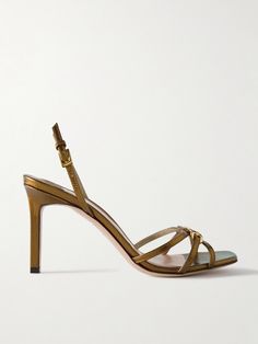 This version of TOM FORD's 'Whitney' sandals is topped with a trio of slim straps and centered with a gold-tone 'T' logo. They're made from lizard-effect leather and have buckle-fastening slingback straps to ensure a secure fit. Build Wardrobe, Chanel Loafers, Ford Logo, Like Green, Brown Leather Sandals, Black Shoes Women, Womens Toms, Fine Jewelry Designers, T Strap