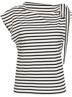 white/black cotton horizontal stripe pattern bow detailing asymmetric neck single short sleeve straight hem Chic White Horizontal Stripe Top, Chic White Tops With Horizontal Stripes, Chic White Top With Horizontal Stripes, Chic Cotton Top With Horizontal Stripes, Chic Cotton Tops With Contrast Stripes, Chic Short Sleeve Tops With Contrast Stripes, Chic White Tops With Contrast Stripes, Summer Workwear Tops With Contrast Stripes, Chic Summer Tops With Contrast Stripes