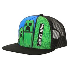 Elevate your style with the Minecraft Youth Trucker Hat. This cool cap features embroidered images of creepers alongside the iconic Minecraft logo, adding a touch of adventure to your outfit. The mesh back ensures breathability, while the traditional snapback allows for a customizable fit. Made with high-quality cotton, this officially licensed hat is both comfortable and durable. Whether you're exploring the virtual world or out and about, this Minecraft trucker hat is the perfect accessory. Minecraft Creepers, Minecraft Logo, Out And About, Creepers, Virtual World, Trucker Hat, Minecraft, Mesh, ? Logo