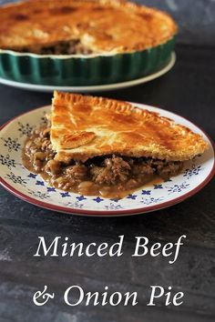 minced beef and onion pie on a plate with the words minced beef and onion pie