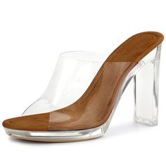 Exclusive to women, these clear platform block-heeled slide sandals offer a crisp and transparent aesthetic, accentuated by a sturdy block heel design, positioning them as a standout choice in summer fashion. The transparent upper not only provides a visually light appearance but also cleverly extends the leg line. The comfortable platform sole, combined with the easy slip-on design, ensures a relaxed and confident stride for the wearer, perfect for daily outings or evening gatherings. These cle Clear Open Toe Heels With Translucent Outsole, Clear Jelly Sandals With Block Heel, Clear Block Heel Jelly Sandals, Jelly Sandals With Clear Strap And Block Heel, Summer Clear Platform Heels, Clear Summer Platform Heels, Trendy Clear Block Heel Jelly Sandals, Clear Platform Heels For Summer, Summer Platform Heels In Clear Color