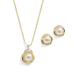 PRICES MAY VARY. LUXURY STYLE: Mariell Classic Style Wedding or Bridesmaid Jewelry Set Features a Pave Cubic Zirconia Knot Motif with Ivory Cultured Freshwater Button-Shape Pearls PERFECT SIZE: Elegant ⅝" Round Pendant Features a 9mm Ivory Cultured Freshwater Pearl, Matching ½" Earrings with 7mm Pearls - Luxurious Box Chain Necklace is Adjustable from 16" - 19" QUALITY DESIGN: Quality Cubic Zirconia Plated in Genuine 14K Yellow Gold Plating - Stunning Necklace and Earring Jewelry Set for Women - Gold Wedding Necklace, Brides Jewelry, Gold Necklace Wedding, Gold Jewelry Set, Cartilage Earrings Hoop, Gold Jewelry Sets, Pearl Jewelry Sets, Bridesmaid Jewelry Sets, Women's Jewelry Sets