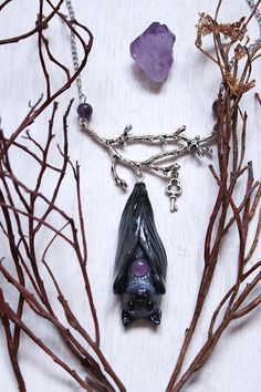 Bat Gothic Necklace, Black Bat Jewelry, Mystic Bat Pendant, Witch Bat Jewelry, Unique Halloween Necklace Vampire Style Necklace For Halloween, Gothic Pendant Necklace For Halloween, Vampire Style Necklaces For Halloween Cosplay, Halloween Gothic Pendant Necklace, Black Fantasy Pendant Necklace, Fantasy Black Pendant Necklace, Handmade Vampire Necklaces For Halloween, Gothic Jewelry For Halloween Costume, Black Witchy Jewelry For Cosplay