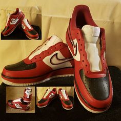 Sold....Custom Designed Chicago Color Nikes With Red Rhinestones. These Are Created By Hand And Not Factory. I Will Take Orders For These Customs. They Require Payment In Advance As They Are Made To Order. Allow 2-3 Weeks For Delivery. We Do Not Except Returns So Please Make Sure The Style Is What You Want. Please Message Us For More Information Thanks For Looking. Custom Red Sneakers With Round Toe, Custom Red Leather Sneakers, Shoe Custom, White Athletic Sneakers, Nike Sb Dunk High, Nike Foamposite, Nike Vapormax, Nike Air Presto, White Running Shoes