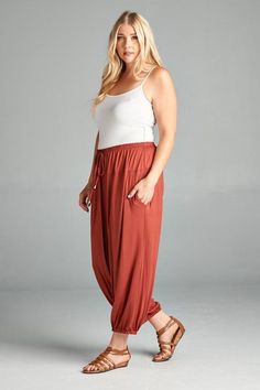 So Comfortable! Plus Size Rayon Jersey Relaxed Fit Jogger Pants with stretchy waistband, and elastic ankles, and side pockets. 95% Rayon Jersey 5% Spandex. Stay Sexy! Stretch Harem Pants With Elastic Waistband And Tapered Leg, Stretch Harem Pants With Side Pockets, Stretch Harem Bottoms With Elastic Waistband, Stretch Harem Bottoms For Loungewear, Solid Color Harem Bottoms With Elastic Waistband, Fitted Joggers, Jogger Pants, Harem Pants, Relaxed Fit