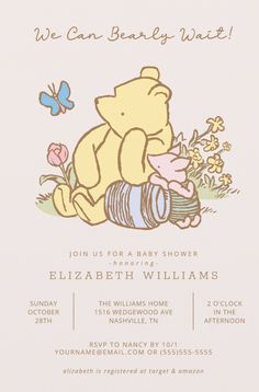 a winnie the pooh baby shower is shown with flowers and a butterfly on it