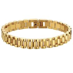 Rolex inspired watchband chain bracelet. Pair with the Rachel ring. Hypoallergenic, tarnish and fade resistant. Water resistant. Color: 18 karat gold stainless steel Size: small 6.5 inches, medium 7 inches Note: Just like any watchband it is possible to be adjusted where the links can be removed with professional tools, the tiny side bar pushed out to remove 3 links. For example: The small 6.5 inch can be adjusted to 5.5 inches. The medium 7 inch bracelet can be adjusted down to 6 inches when re Watch Band Bracelet, Estilo Boho Chic, Wristband Bracelet, Chunky Bracelets, Band Bracelet, Watch Chain, Steel Jewelry, Chain Link Bracelet, Modern Jewelry