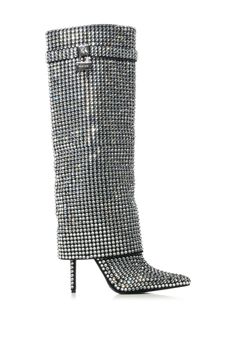 The HEMLOCK-SILVER CRYSTAL FOLD-OVER STILETTO BOOT is a sophisticated choice for a night out. These feature a sleek knee high cut, pointed toe, and silver rhinestone embellishments. A perfect finishing touch comes from the silver lock hardware accent on the shaft. Step out in style for your next evening event! Shaft Height: 14" Opening Circumference: 15" Heel Height: 4.5" Diamond Heels, Fold Over Boots, Azalea Wang, Boots Platform, Sandal Platform, Black Boots Tall, Boots High, High Heel Boots Ankle, Boots Knee