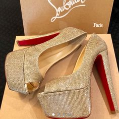 Never Worn Christian Louboutin Altareva Peep Toe Platform And Glittering Finish. 6” Heel 2” Platform And Runs Small Order 1/2 Size Up Bottom Has I Do Added And It Can Be Removed By Buyer. Luxury Sparkling Open Toe Heels, Glamorous Embellished Heels For Galas, Gold Heels With Red Sole And Round Toe, Luxury Glitter Accented Heels For Party, Luxury Party Heels With Glitter Accents, Luxury Open Toe Glitter Heels, Luxury Glitter Open Toe Heels, Gold Heels With Red Sole For Party, Designer Sparkling High Heels