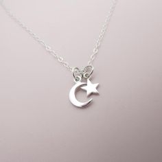 Sterling Silver Moon and Star Necklace, Tiny Moon and Tiny Star Necklace Moon Phase Star Charm Necklaces As Gift, Sterling Silver Celestial Pendant Charm Necklace, Silver Necklace With Moon Charm And Star Shape, Silver Celestial Charm Necklace For Everyday, Silver Celestial Charm Necklaces For Everyday, Everyday Celestial Sterling Silver Charm Necklaces, Sterling Silver Star And Moon Charm Necklaces, Sterling Silver Charm Necklace With Moon And Star, Sterling Silver Star Charm Necklace With Moon Charm