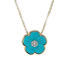 14 Karat Yellow Gold Flower Pendant Necklace Featuring A 1.65 Carat Carved Turquoise Accented by 7 Round Diamonds of SI Clarity and G/H Color Totaling 0.06 Carats. Adjustable Length 16 - 18 Inches with Lobster Clasp. Turquoise Jewelry With Flower Charm, Turquoise Flower Charm Pendant Jewelry, Turquoise Flower-shaped Jewelry With Flower Charm, Turquoise Flower Necklace With Flower Charm, Fine Jewelry Blue Necklace With Flower Pendant, Fine Jewelry Blue Flower Pendant Necklace, Turquoise Flower Charm Jewelry, Blue Flower Pendant Fine Jewelry Necklace, Elegant Turquoise Flower Pendant Jewelry