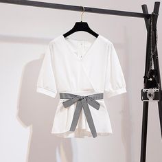 Bowknot V-collar Tee+chic Jeans P10354 Elegant V-neck Shirt For Day Out, Elegant V-neck Top With Bow, Spring White Blouse With Tie Waist, White Tie-waist Blouse For Summer, White Tie Waist Blouse For Summer, Elegant V-neck Top For Day Out, White V-neck Chic Shirt, Chic White Blouse With Tie Waist, Chic V-neck Top With Tie Waist