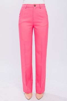 Pink Tapered Leg Office Pants, High-waisted Pants With Hidden Button Closure For Work, Fitted Wide Leg Pants With Straight Hem For Spring, Tailored Straight Leg Dress Pants For Spring, Tailored Ankle-length Pink Pants, Tailored Pink Ankle Pants, Spring Tailored Straight-leg Dress Pants, Tailored Straight Leg Spring Pantsuit, Tailored Straight Leg Pantsuit For Spring