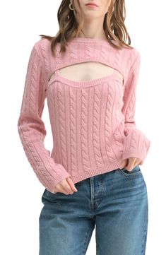 The classic cable crewneck changes up to show some skin in this heathery iteration with a layered look. 21 1/2" length (size Medium) Crewneck Long sleeves 35% polyester, 25% nylon, 20% viscose, 15% acrylic, 5% wool Dry clean Imported Cutout Sweater, Fabric Gift Bags, Fabric Gifts, Nordstrom Store, Free Fabric, Layered Look, Print Gifts, Sweater Top, Dry Clean