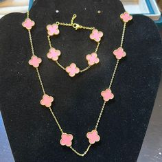 Custom Made Brand New 1 Set Pink Clover Necklace & Bracelet Gold Plating Titanium Steel Pink Clover Bracelet, Wwjd Bracelet, Preppy Necklaces, Pink Clover, Chain Link Necklace Silver, Barbie Summer, Preppy Jewelry, Four Leaf Clover Necklace, Betsey Johnson Earrings