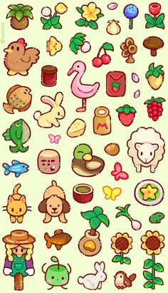 an image of some cartoon animals and food