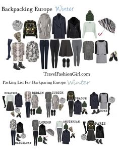 a travel packing guide for europe with clothes, hats and accessories on display in front of a white background