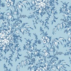 a blue and white floral wallpaper with lots of flowers