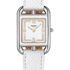 Cape Cod, the elegant seaside resort on the east coast of the United States, is also the name of a line of Hermès watches expressing a style based on “elegance in movement”. Steel watch, quartz movement, diamond-set white-lacquered dial, long interchangeable strap in white Epsom calfskin Inspired by Hermès' signature Chaîne d'Ancre link, Henri d'Origny created the 'Cape Cod' watch for the Maison in 1991, and today it's available in so many beautiful variations CASE WIDTH: 23 mm LUG TO LUG HEIGHT: 31 mm MATERIAL: Stainless Steel CASE BACK: Solid CRYSTAL: Anti-glare sapphire crystal DIAL: Diamond-set spangled white-lacquered dial, champleve gilded wire, 50 diamonds (0.04 ct) CROWN: Pull / Push MOVEMENT Quartz, Swiss Made Hour, minute functions Water-resistant to 3 bar. Avoid all contact with Timeless White Diamond Watch With Rectangular Dial, White Diamond Watch With Rectangular Dial, Timeless White Watch With Leather Strap, Timeless White Gold Watch With Leather Strap, White Diamond Watch With Polished Rectangular Dial, White Gold Watches With Leather Strap, White Watches With Diamond Hour Markers And Rectangular Dial, Elegant White Gold Watch With Leather Strap, Elegant White Watches With Metal Dial