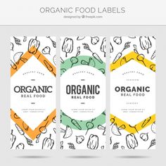 three organic food labels with hand drawn vegetables