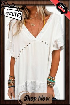 White Contrast Knit Splicing V Neck Studded Blouse Women Tops, Blouses, V Neck, Knitting, White