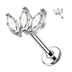 an image of a pair of surgical piercings with crystal stones on each side and two leaves