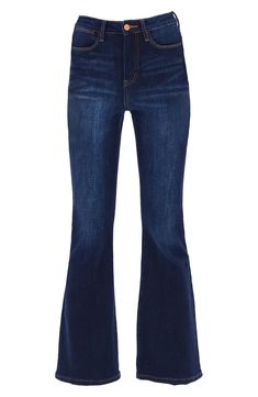 Wide flare legs add retro appeal to these high-waist jeans made from soft stretch denim in a classic dark-blue wash. 31 1/2" inseam; 21" leg opening; 11" front rise; 15" back rise Zip fly with button closure Five-pocket style 90% cotton, 8% polyester, 2% spandex Machine wash, tumble dry Imported Fall Dark Wash Straight Leg Flares, High Rise Dark Wash Denim Flares, Dark Wash Flares With Five Pockets For Fall, Mid-rise Dark Wash Flares With Five Pockets, Classic Flare Jeans In Denim Blue, Flare Cropped Jeans In Medium Wash For Fall, Classic Denim Blue Flare Jeans, Chic Flare Dark Wash Jeans, Classic Flare Medium Wash Jeans