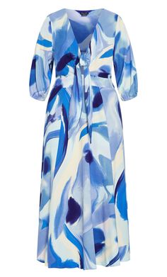 The Swirl Tie Print Dress exudes an elegant and refined aura, showcasing a stunning blue color with a printed design. Perfect for dining out or elevating your look for a brunch outing, this dress complements your curves flawlessly, ensuring you're dressed to impress on any occasion. Key Features Include: - V-neckline with front tie detail - Elbow length puff sleeve with elastic cuff - Elastic back waistband - Lightweight fabrication - Maxi length Complete your outfit with espadrilles and a straw Elegant Blue Printed Dress, Blue Printed Midi Length Dress, Blue Floral Print Viscose Midi Dress, Blue Floral Print Viscose Dress, Blue Floral Print Midi Dress In Viscose, Blue Long Sleeve Midi Dress With Abstract Print, Elegant Blue Dress With Abstract Print, Elegant V-neck Midi Dress With Abstract Print, Blue Abstract Print Midi Dress For Summer