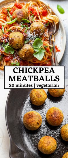 chicken meatballs with spaghetti and vegetables on a plate