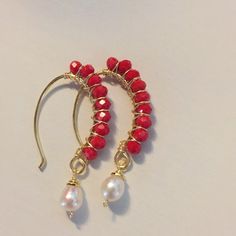 Handmade Red Crystal Pearl Gold Plated Earrings Elegant Red Hoop Earrings With Ear Wire, Red Wire Wrapped Drop Earrings, Red Wire Wrapped Dangle Earrings, Handmade Red Drop Earrings, Red Teardrop Hoop Earrings With Ear Wire, Red Wire Wrapped Earrings For Party, Red Wire Wrapped Earrings, Earrings Handmade Tutorial, Pearl Earrings Handmade