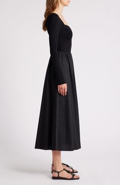 A ribbed cotton bodice gives way to a swishy skirt in an easy-to-love dress topped with the sweetest of necklines. 50" length (size Medium) Sweetheart neck Long sleeves 100% cotton bodice with 57% viscose, 43% polyamide skirt Hand wash, dry flat Imported Relaxed Fit Cotton Midi Dress, Fitted Midi Dress With Pleated Hem, Black Long Sleeve Dress With Pleated Skirt, Long Sleeve Gathered Skirt Fall Dress, Long Sleeve Dress With Gathered Skirt For Fall, Daywear Midi Dress With Pleated Skirt, Fitted Midi Dress With Elastic Waistband For Daywear, Dresses With Relaxed Midi Skirt And Elastic Waistband, Black Midi Length Dresses With Lined Skirt