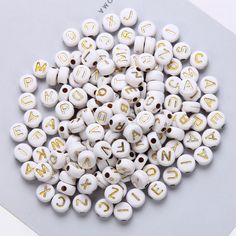 These letter beads are great for any words or phrases, personalizing crafts, and name jewelry making. Round white and gold, silver Acrylic Spacer Beads, with a-z 26 english letters. Note : This is a random mix only, no special request please Size: Approx  4 * 7 mm Hole: 1.6 mm Package: 100 pcs / bag   SHIPPING INFORMATION We ship the orders within 1-3 days, most of the stones strands are in stock. Shipping time:  (5-25 days, depends on country and detailed adress), now shipping to USA is about 5-20 days. Fast express shipping, such as FEDEX, DHL, contact us please.  WHOLESALE ORDERS Wholesale orders and customized orders, contact us please！ Your designs and wholesales are welcome,More Quantity More Discount If any question or requirements for products, also contact me, will try my best to Bead Alphabet, Diy Jewelry Necklace, Alphabet Beads, Bracelet Bead, English Alphabet, Gold Letter, Acrylic Charms, Letter Beads, Name Bracelet