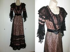 Antique Victorian 3 piece lace dress.  This lovely gem is made of black net lace layered over pink silk and cotton, features many rows of very full ruffles with silk, the bell sleeves are wonderful.  There is a lace and satin sash.  The interior of the skirt and blouse is fully lined, the blouse is boned.  Closes with eye hook closures. The lace is quite amazing!   This dress is in very nice vintage condition.   There are several broken brides in the lace, Victorian Dress With Lace Trim For Evening, Victorian Evening Dress With Lace Trim, Black Vintage Dress With Lace Trim, Vintage Costume Dress With Lace Trim, Vintage Victorian Ruffled Evening Dress, Vintage Victorian Dress With Lace Patchwork, Vintage Victorian Dress With Lace Collar, Vintage Victorian Dress With Ruffles For Evening, Vintage Victorian Evening Dress With Ruffles