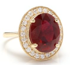 11.75 Carats Impressive Natural Red Ruby and Diamond 14K Yellow Gold Ring Suggested Replacement Value: $6,800.00 Total Red Ruby Weight is: Approx. 11.00 Carats (Lead Glass Filled) Ruby Measures: Approx. 14.00 x 11.00mm Natural Round Diamonds Weight: Approx. 0.75 Carats (color G-H / Clarity SI) Ring total weight: Approx. 7.8 grams Disclaimer: all weights, measurements and colors are approximate and may vary slightly from the listed dimensions or as seen in the image. All pictures are magnified to Formal Gia Certified Lab-created Ruby Ring, Red Gia Certified Ruby Ring With Round Cut, Gia Certified Red Ruby Ring With Round Cut, Formal Ruby Ring With Halo, Classic Yellow Gold Ruby Ring Gia Certified, Gia Certified Yellow Gold Ruby Ring, Luxury Round Cut Red Ruby Ring, Gia Certified Oval Red Ruby Ring, Gia Certified Oval Red Diamond Ring